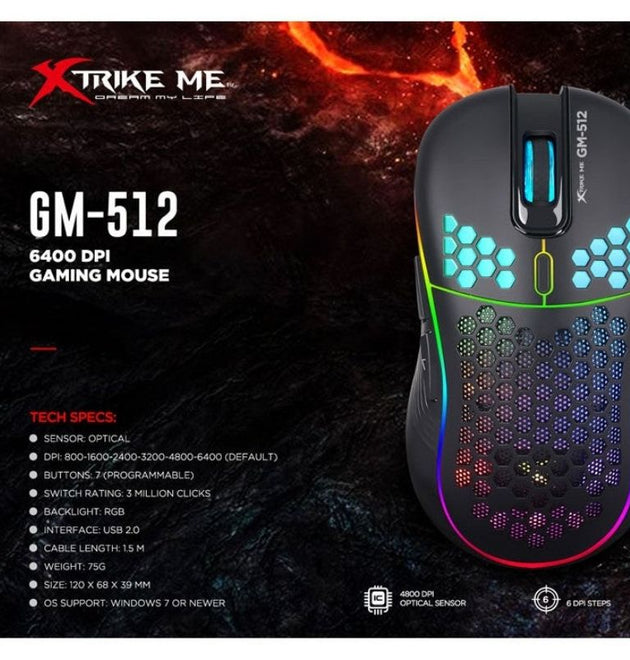 XTRIKE ME GM-512 RGB Gaming Mouse – 7D Programmable – 6400 DPI, Wired Optical Gaming Mouse
